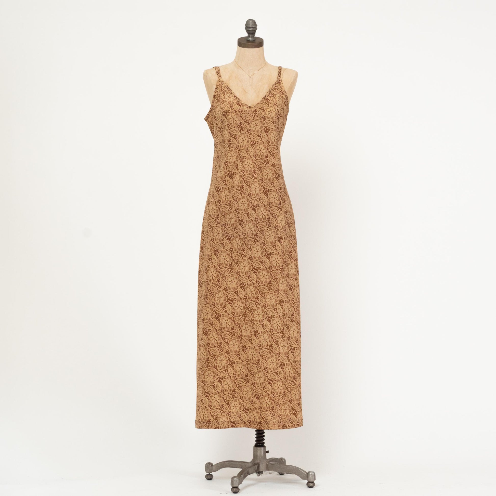 Vintage 90s Brown Batik Floral Maxi Dress - Large | Boho Spaghetti Strap Summer Sundress
