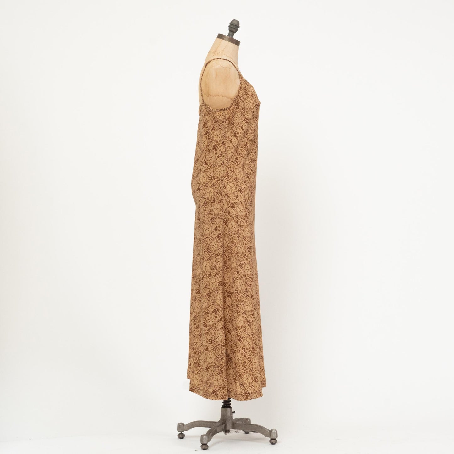Vintage 90s Brown Batik Floral Maxi Dress - Large | Boho Spaghetti Strap Summer Sundress