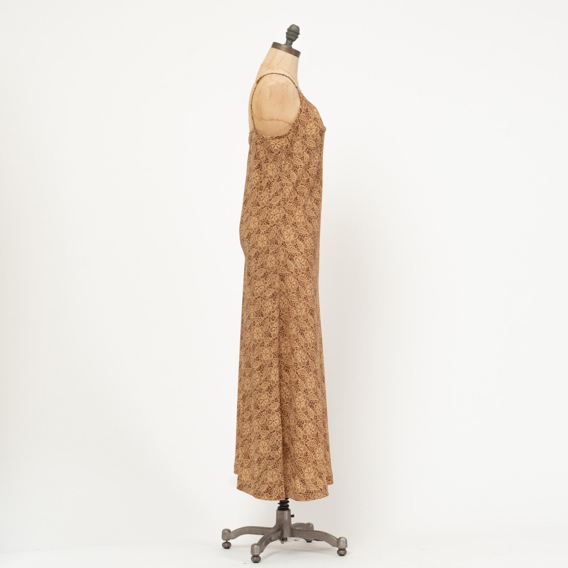 Vintage 90s Brown Batik Floral Maxi Dress - Large | Boho Spaghetti Strap Summer Sundress