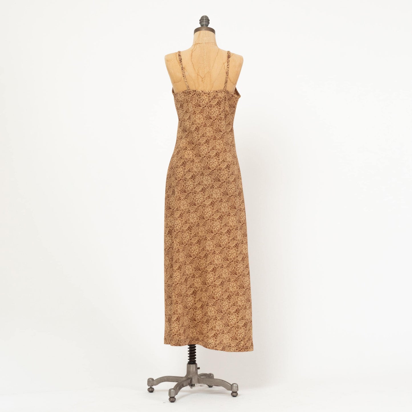 Vintage 90s Brown Batik Floral Maxi Dress - Large | Boho Spaghetti Strap Summer Sundress