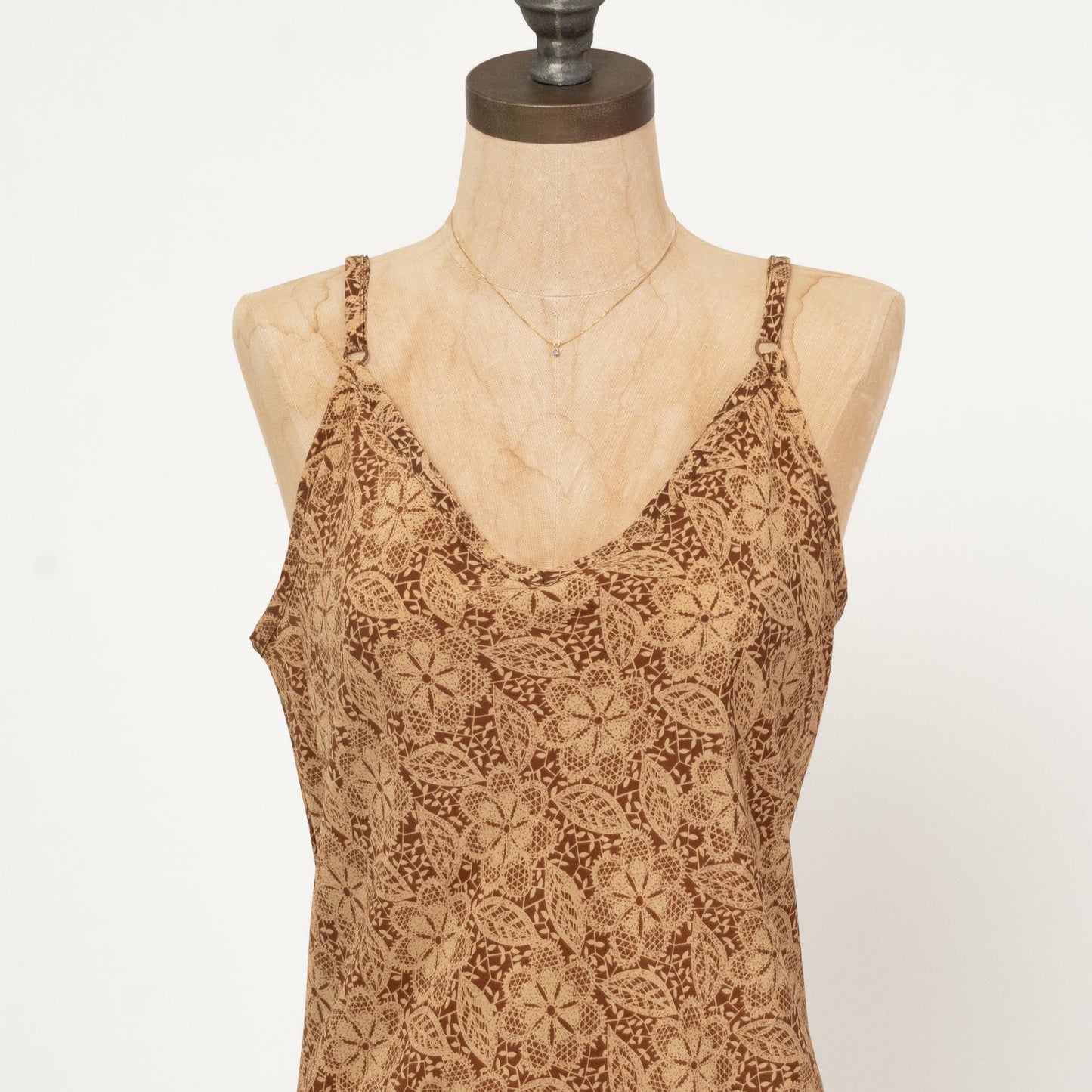 Vintage 90s Brown Batik Floral Maxi Dress - Large | Boho Spaghetti Strap Summer Sundress