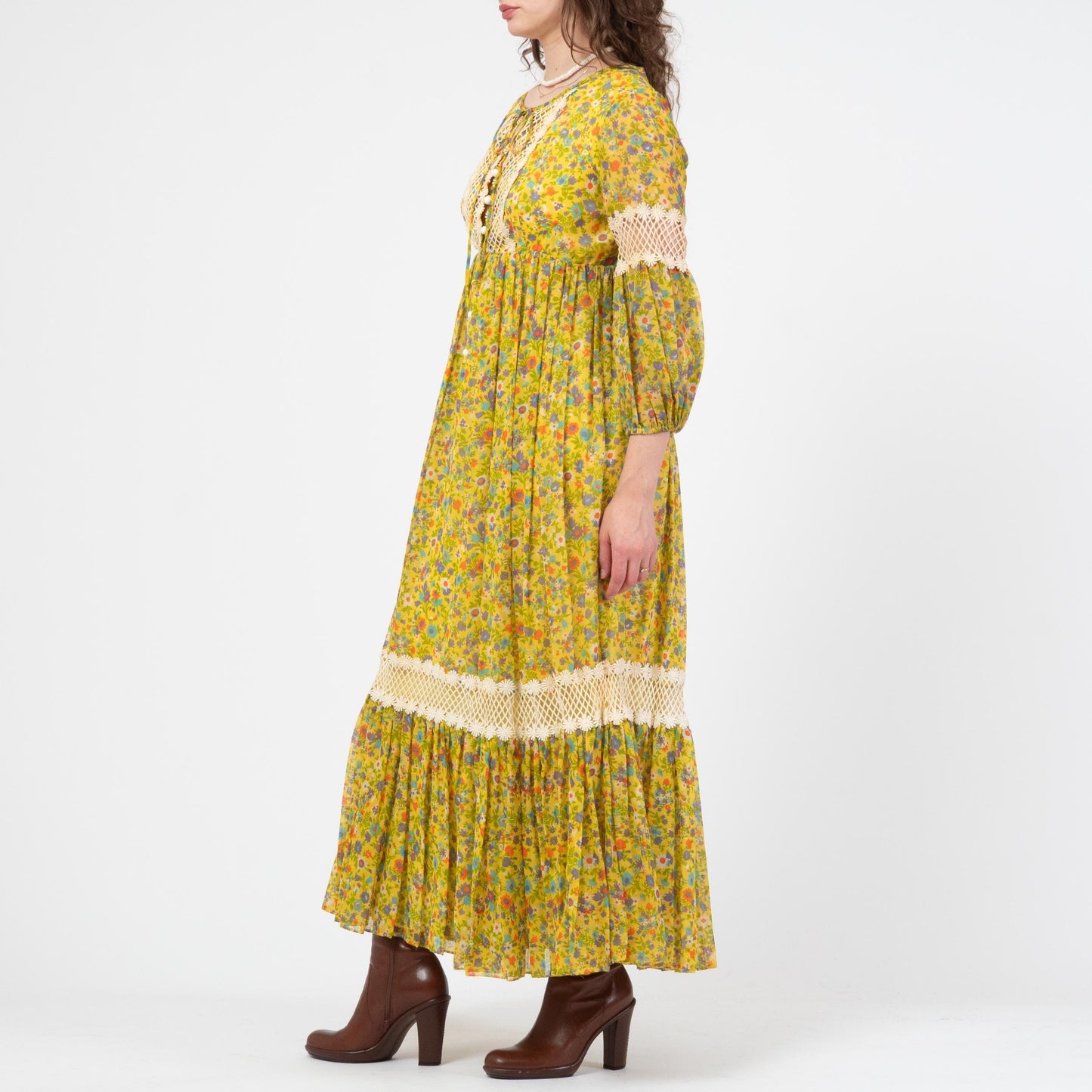 Vintage 70s Yellow Floral Crochet Trim Maxi Dress - Small | Boho Renaissance Bishop Sleeve Hippie Gown