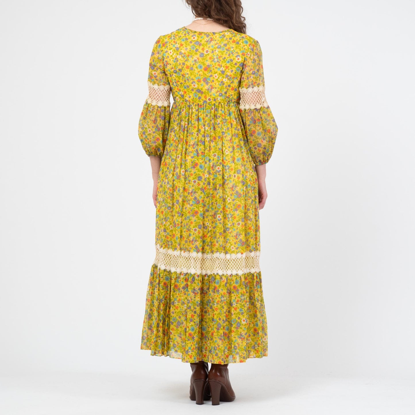 Vintage 70s Yellow Floral Crochet Trim Maxi Dress - Small | Boho Renaissance Bishop Sleeve Hippie Gown