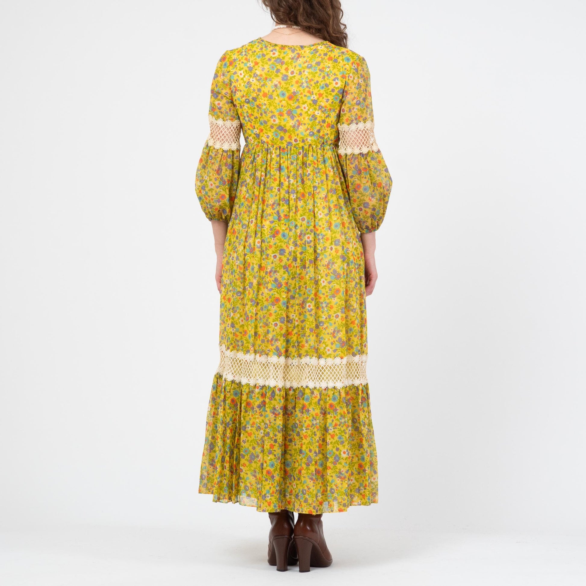 Vintage 70s Yellow Floral Crochet Trim Maxi Dress - Small | Boho Renaissance Bishop Sleeve Hippie Gown