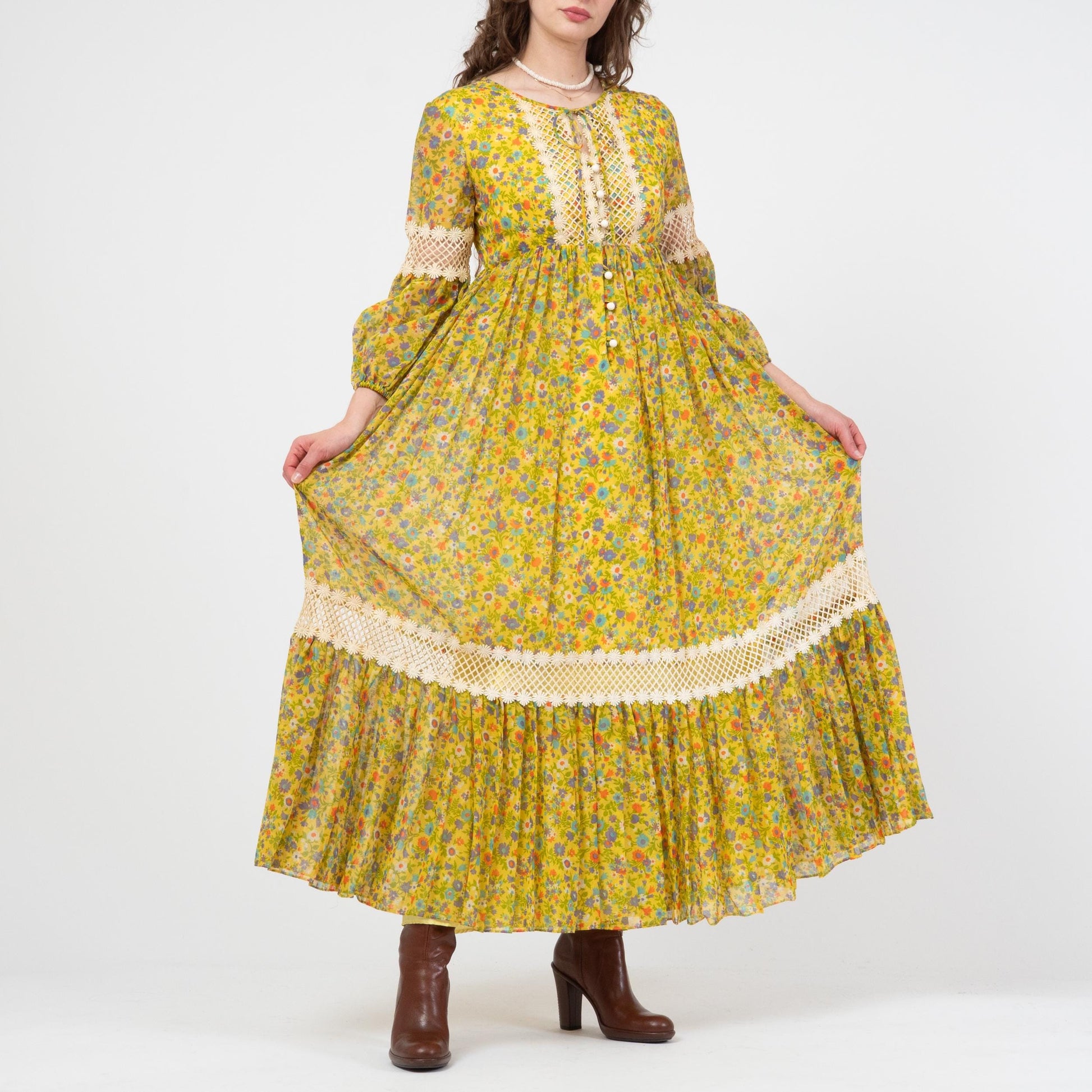 Vintage 70s Yellow Floral Crochet Trim Maxi Dress - Small | Boho Renaissance Bishop Sleeve Hippie Gown