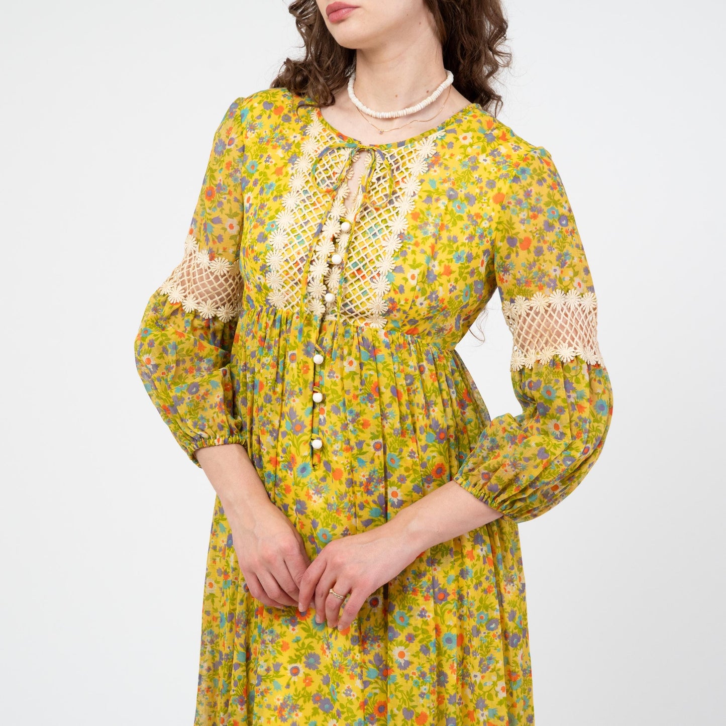 Vintage 70s Yellow Floral Crochet Trim Maxi Dress - Small | Boho Renaissance Bishop Sleeve Hippie Gown