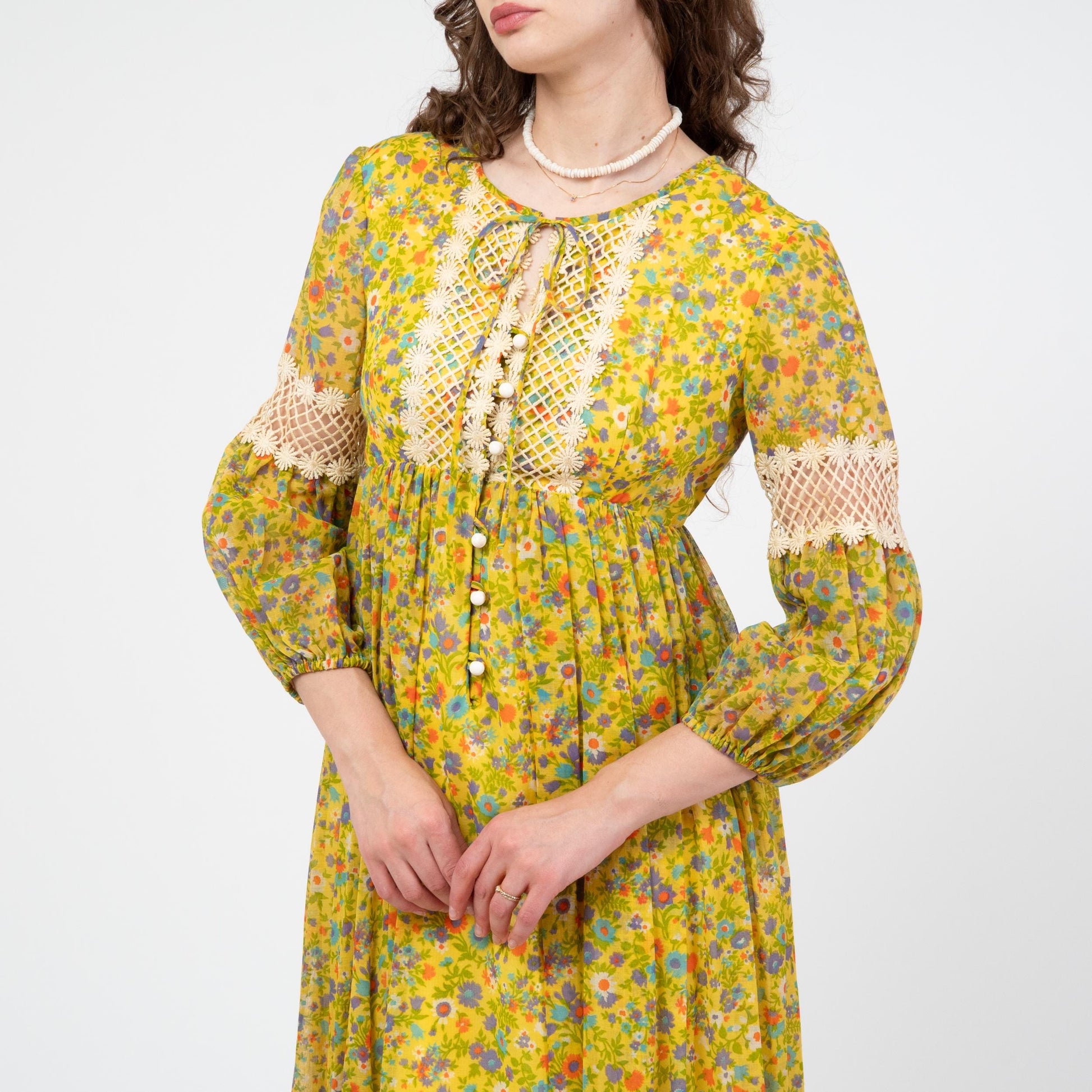 Vintage 70s Yellow Floral Crochet Trim Maxi Dress - Small | Boho Renaissance Bishop Sleeve Hippie Gown
