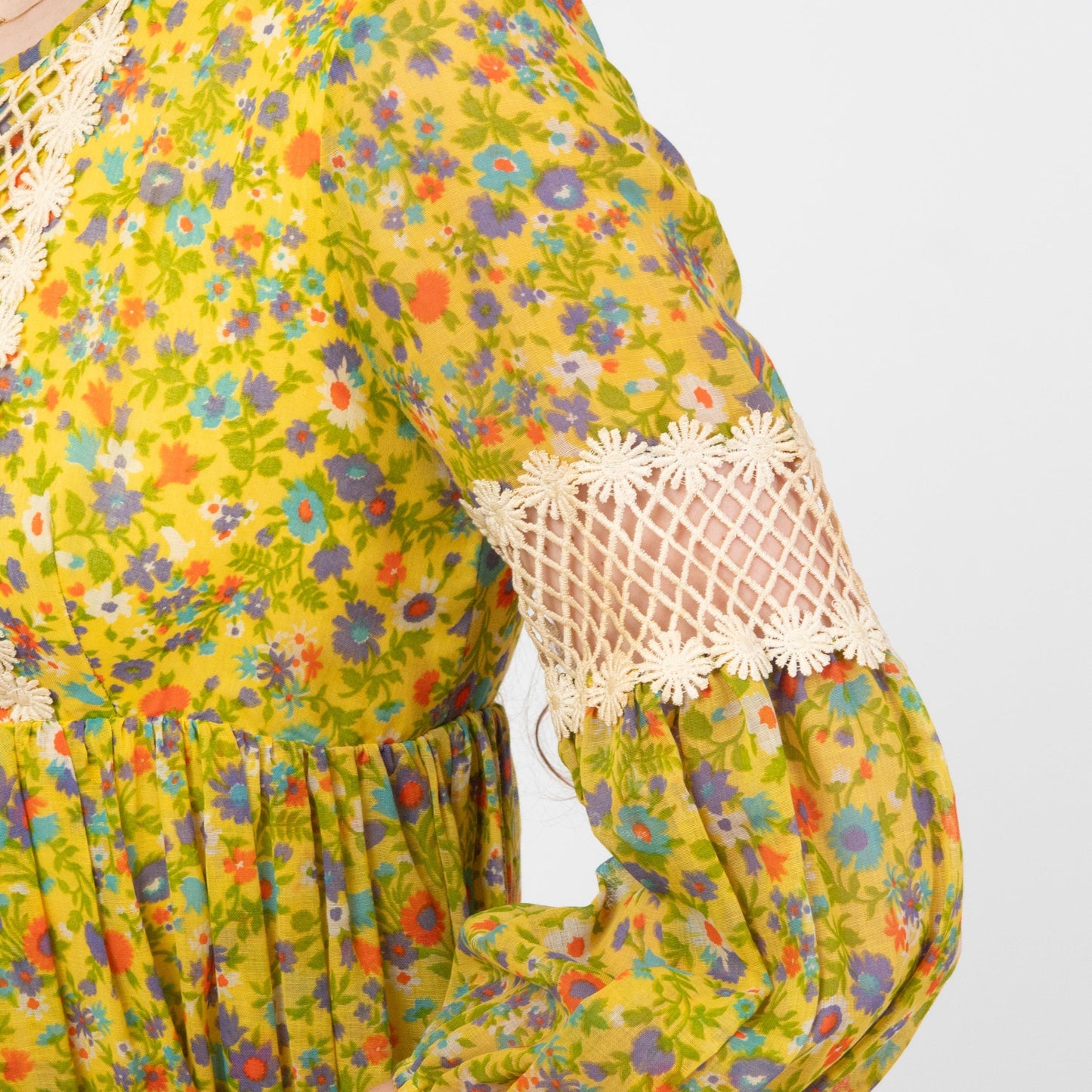 Vintage 70s Yellow Floral Crochet Trim Maxi Dress - Small | Boho Renaissance Bishop Sleeve Hippie Gown