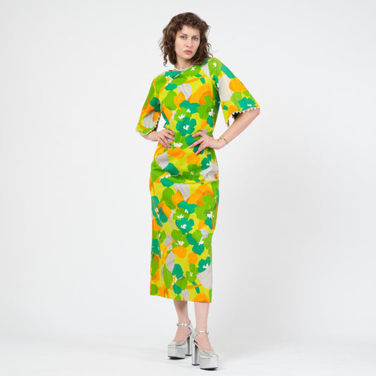 Vintage 60s Hawaiian Green Floral Angel Sleeve Maxi Dress - Small to Medium | Kuulei Honolulu Boho Barkcloth Sundress