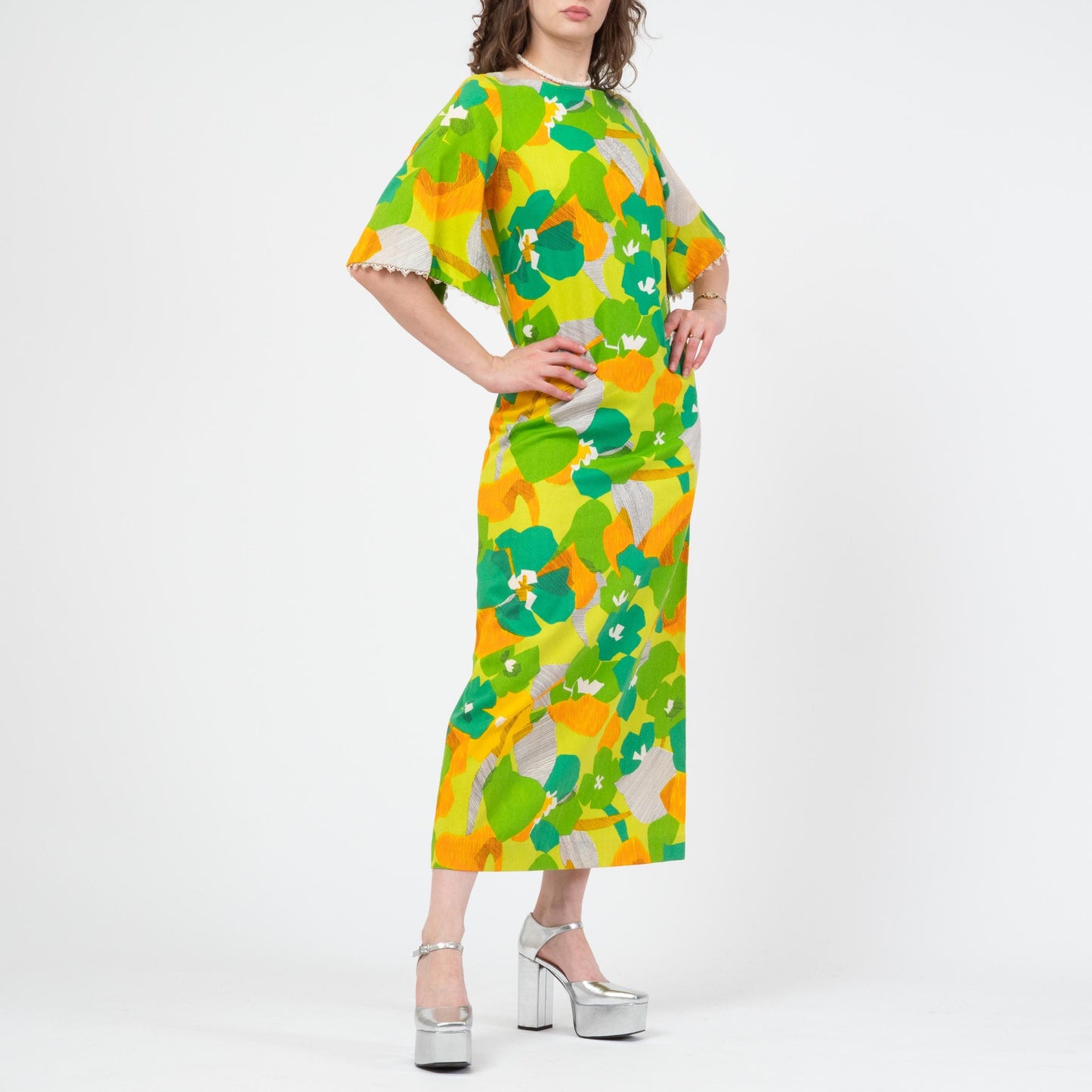 Vintage 60s Hawaiian Green Floral Angel Sleeve Maxi Dress - Small to Medium | Kuulei Honolulu Boho Barkcloth Sundress