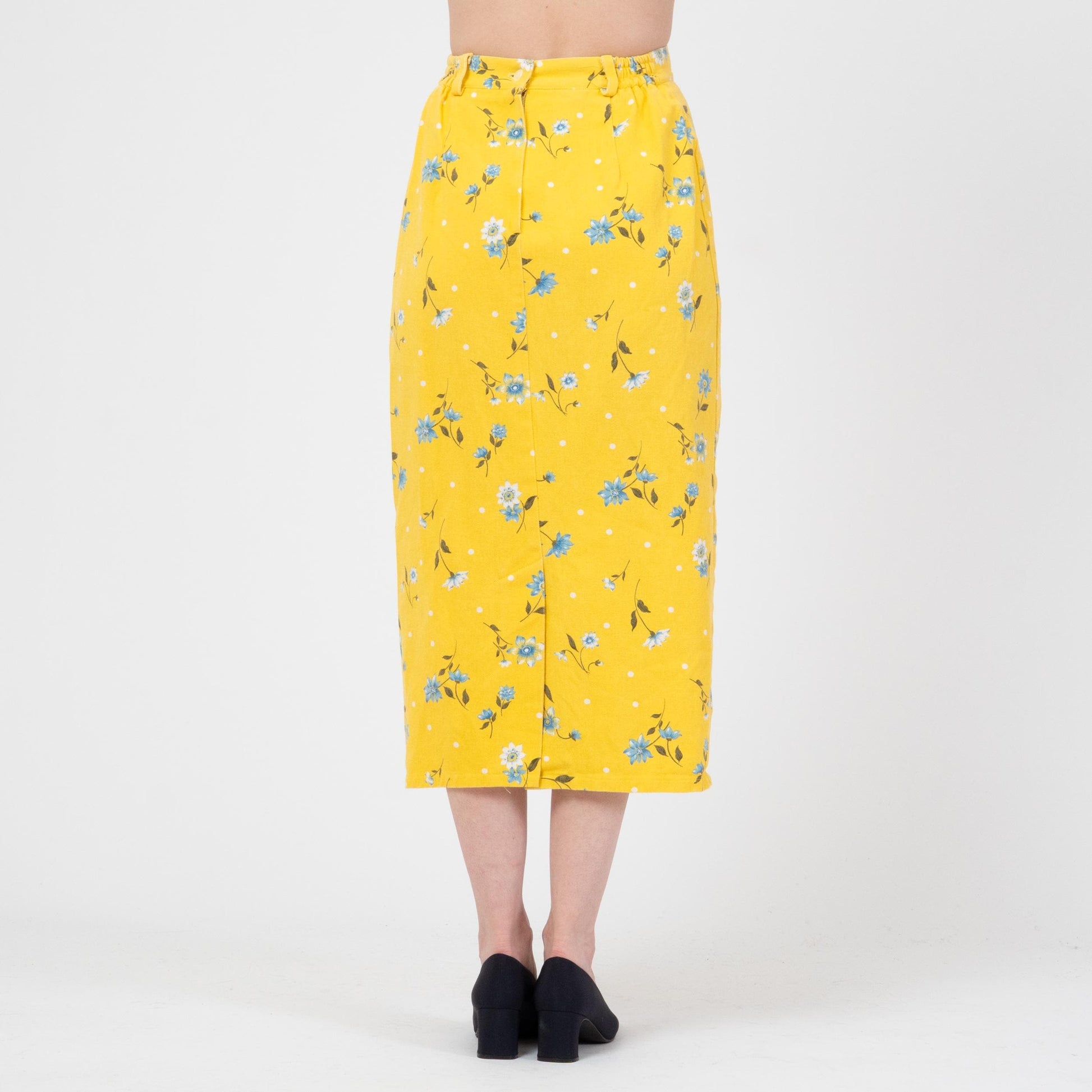 Vintage 90s Yellow Floral Denim Midi Skirt - Small | High Waisted Pencil Jean Skirt