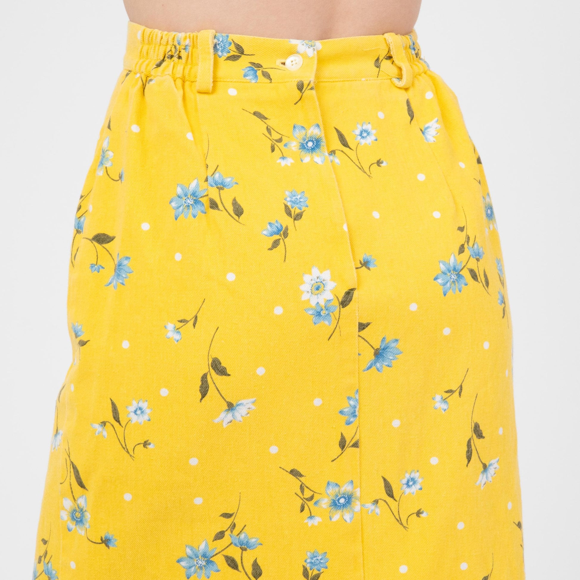 Vintage 90s Yellow Floral Denim Midi Skirt - Small | High Waisted Pencil Jean Skirt
