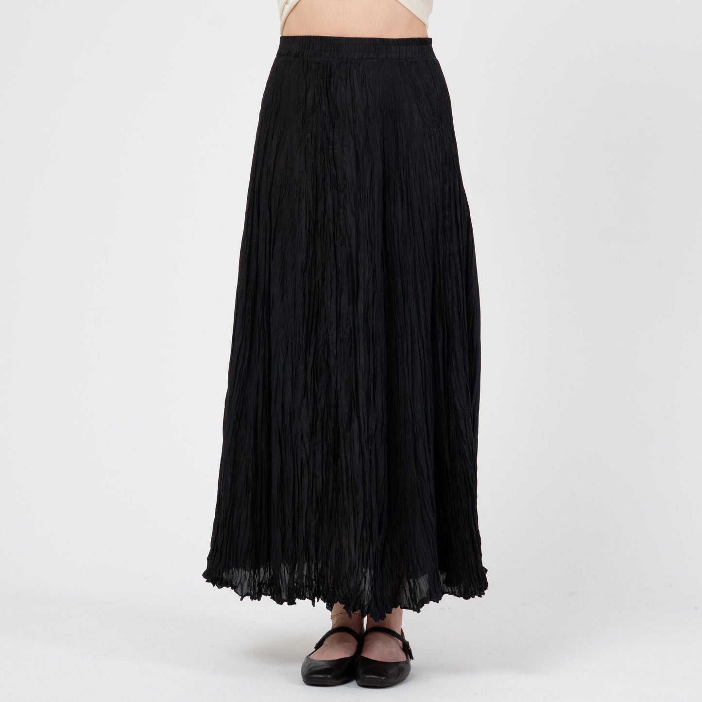 Vintage 90s Black Silk Plisse Maxi Skirt - Medium | Witchy Whimsigoth Long Flowy Festival Skirt