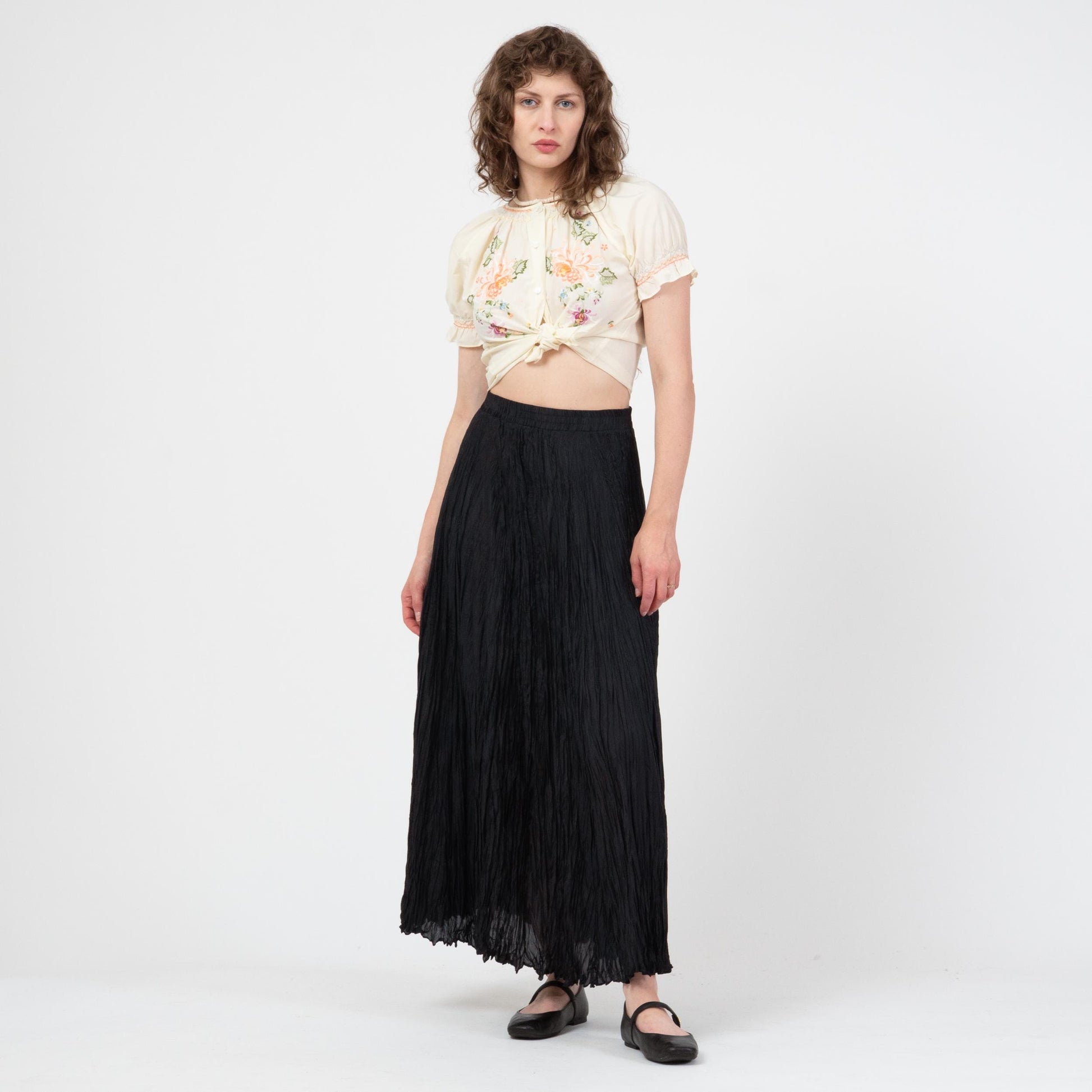 Vintage 90s Black Silk Plisse Maxi Skirt - Medium | Witchy Whimsigoth Long Flowy Festival Skirt