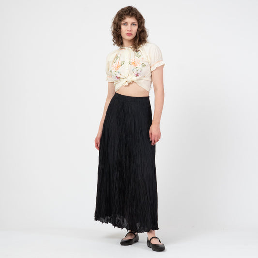 Vintage 90s Black Silk Plisse Maxi Skirt - Medium | Witchy Whimsigoth Long Flowy Festival Skirt