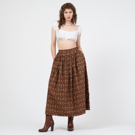 Vintage 80s Ralph Lauren Country Floral Prairie Maxi Skirt - Medium | Brown Cotton Boho Pleated High Waisted Skirt