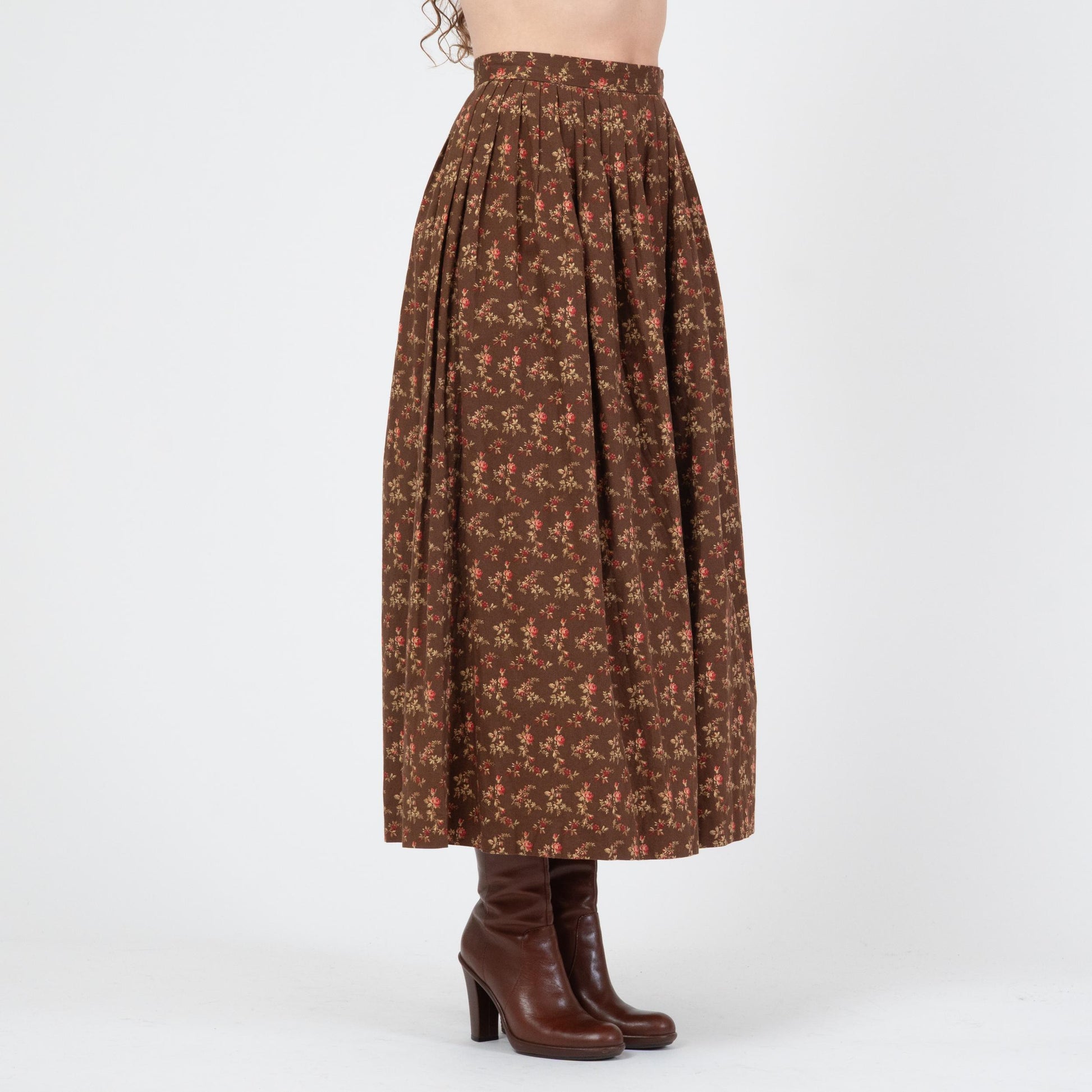 Vintage 80s Ralph Lauren Country Floral Prairie Maxi Skirt - Medium | Brown Cotton Boho Pleated High Waisted Skirt