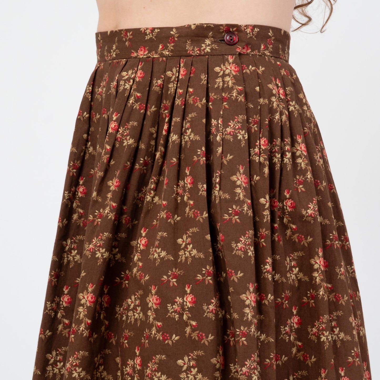 Vintage 80s Ralph Lauren Country Floral Prairie Maxi Skirt - Medium | Brown Cotton Boho Pleated High Waisted Skirt