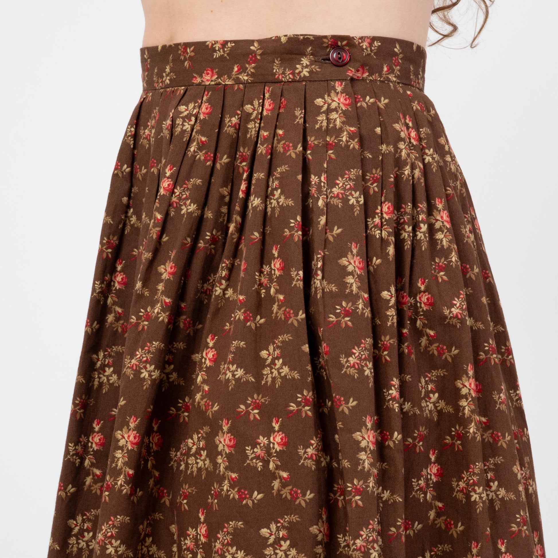 Vintage 80s Ralph Lauren Country Floral Prairie Maxi Skirt - Medium | Brown Cotton Boho Pleated High Waisted Skirt