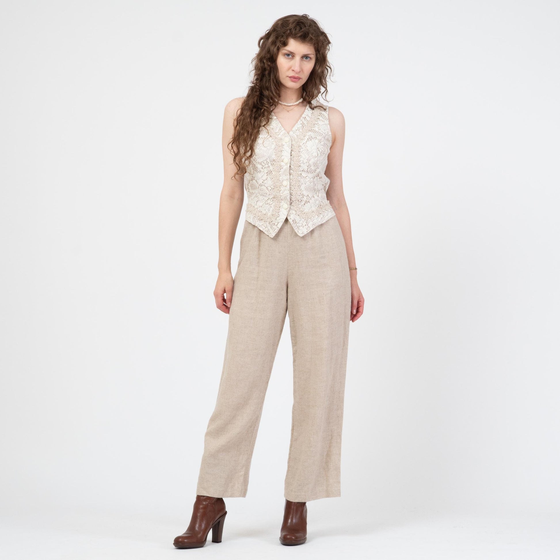Vintage 90s Oatmeal Linen & Lace Jumpsuit - Medium | Straight Leg Crochet Trim Vest Pantsuit