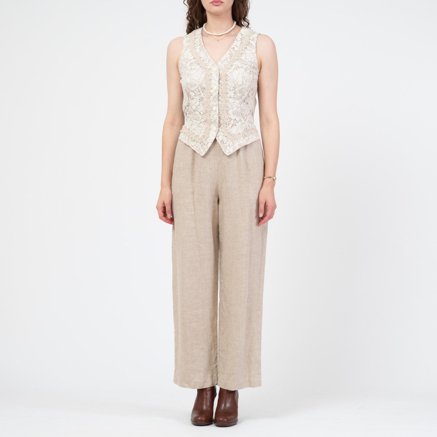 Vintage 90s Oatmeal Linen & Lace Jumpsuit - Medium | Straight Leg Crochet Trim Vest Pantsuit