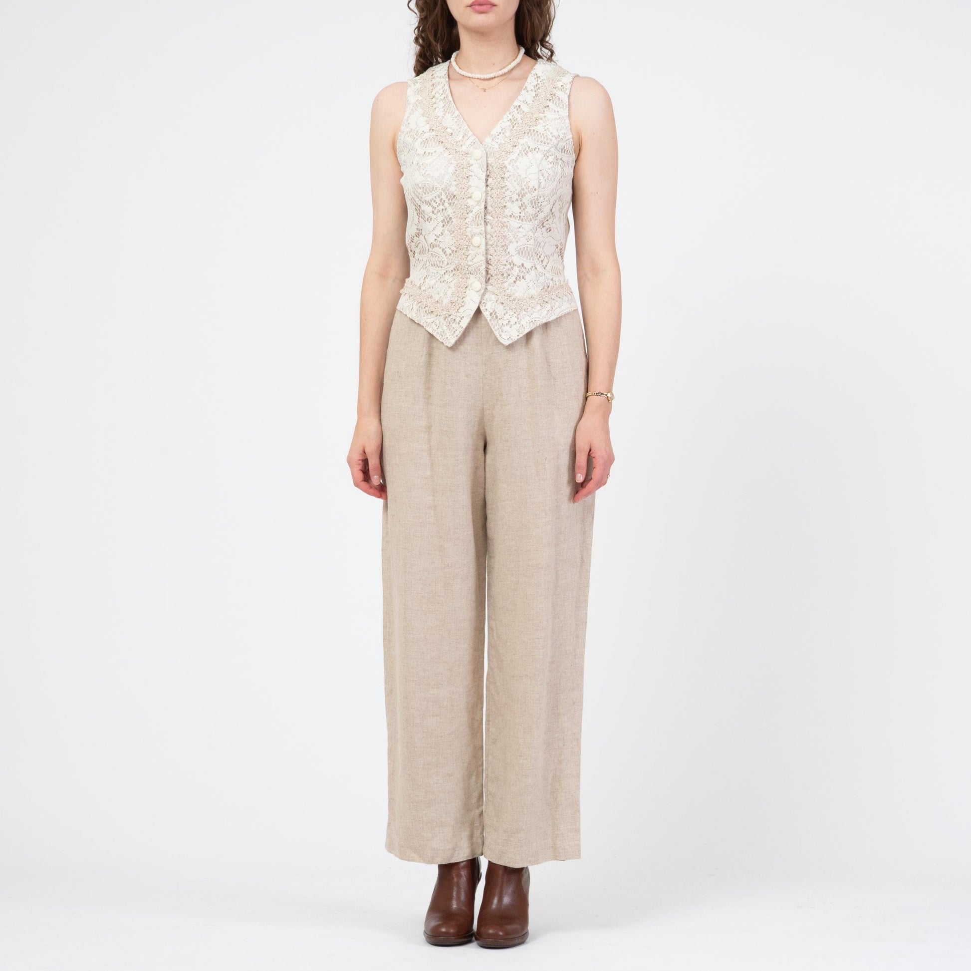 Vintage 90s Oatmeal Linen & Lace Jumpsuit - Medium | Straight Leg Crochet Trim Vest Pantsuit