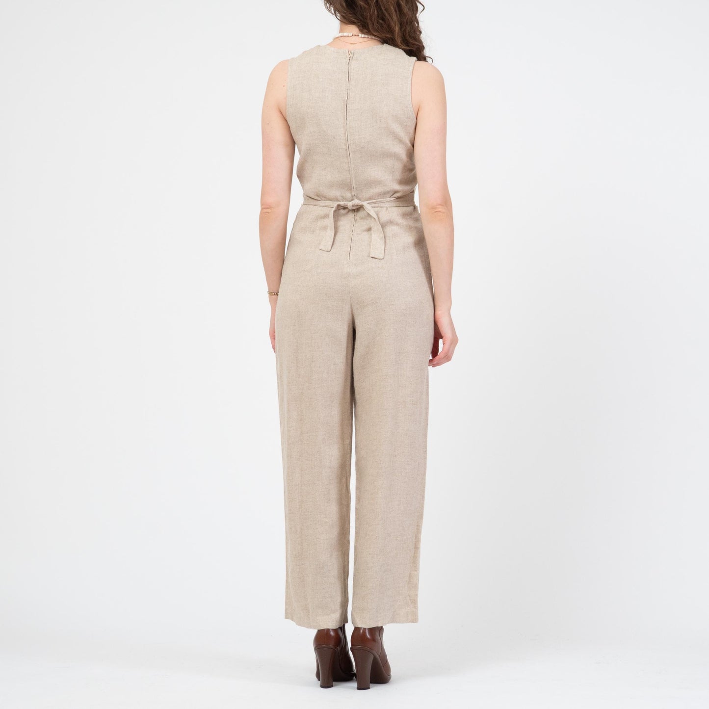 Vintage 90s Oatmeal Linen & Lace Jumpsuit - Medium | Straight Leg Crochet Trim Vest Pantsuit