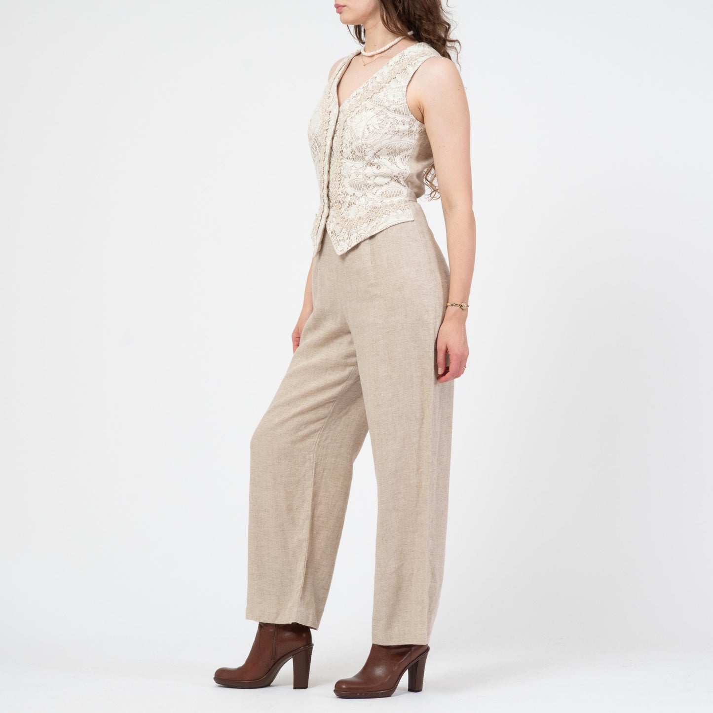 Vintage 90s Oatmeal Linen & Lace Jumpsuit - Medium | Straight Leg Crochet Trim Vest Pantsuit
