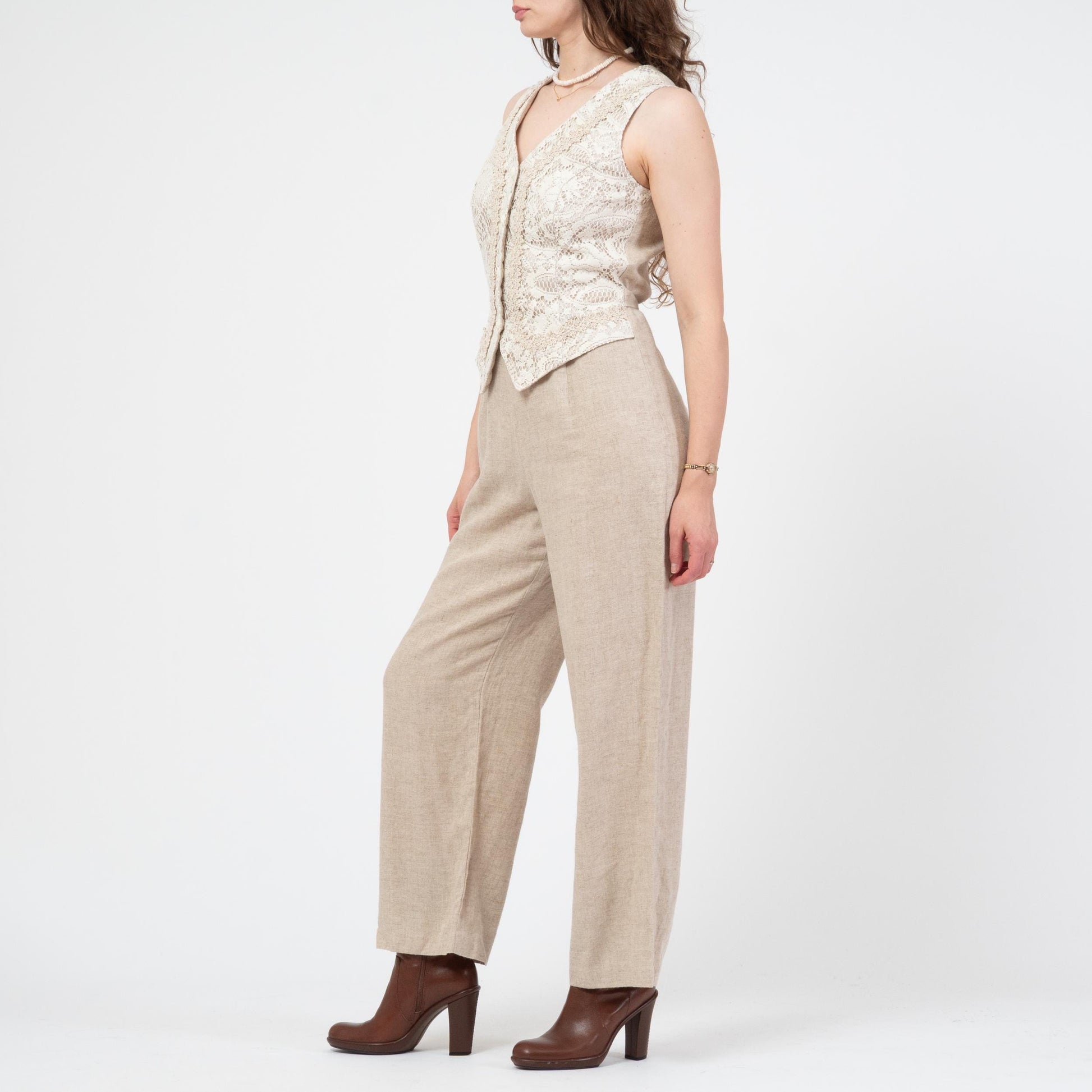Vintage 90s Oatmeal Linen & Lace Jumpsuit - Medium | Straight Leg Crochet Trim Vest Pantsuit