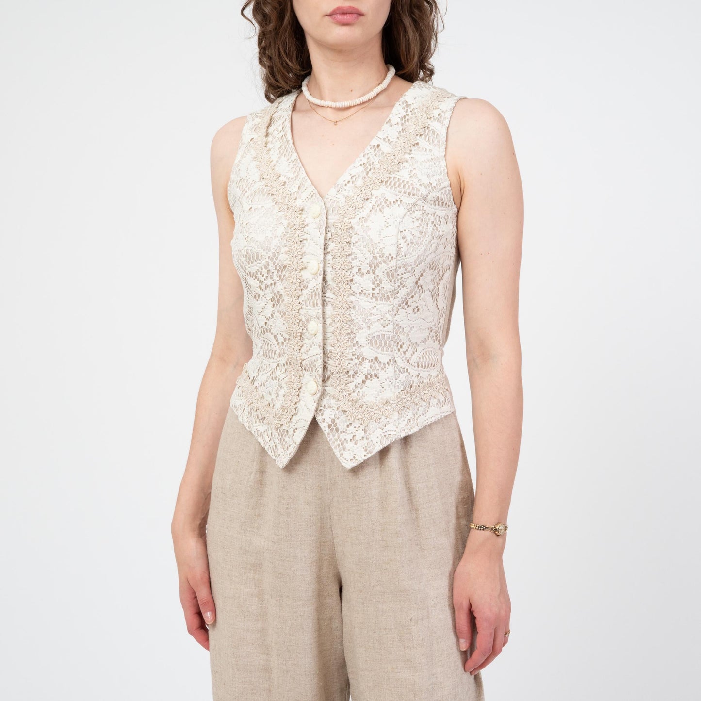 Vintage 90s Oatmeal Linen & Lace Jumpsuit - Medium | Straight Leg Crochet Trim Vest Pantsuit