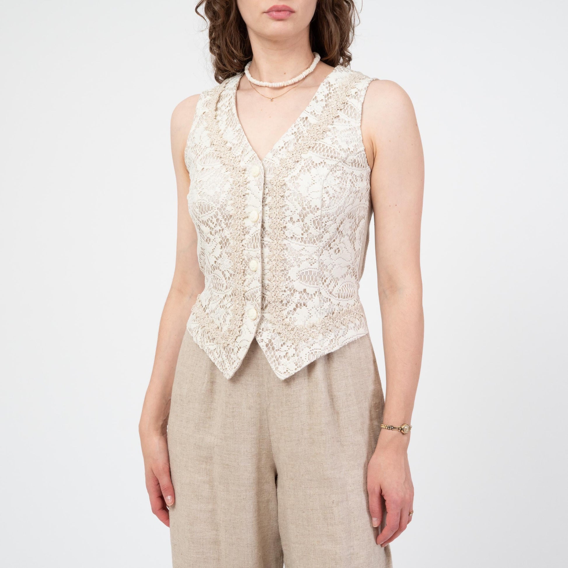 Vintage 90s Oatmeal Linen & Lace Jumpsuit - Medium | Straight Leg Crochet Trim Vest Pantsuit
