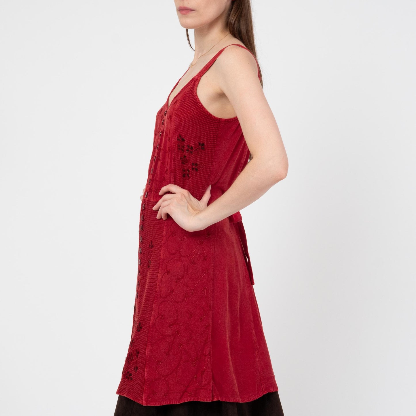 Vintage 90s Boho Red Embroidered Mini Sundress - Small | Rayon Tie Back Summer Layering Dress