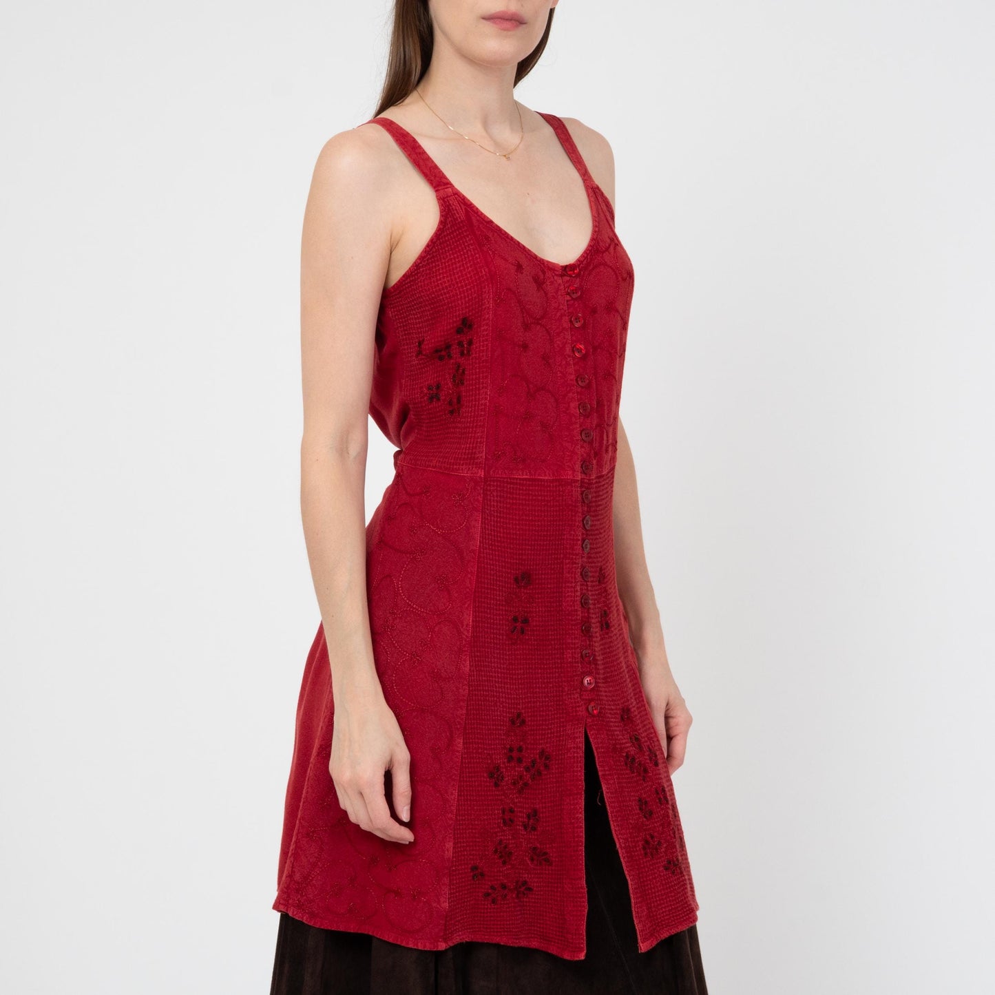 Vintage 90s Boho Red Embroidered Mini Sundress - Small | Rayon Tie Back Summer Layering Dress