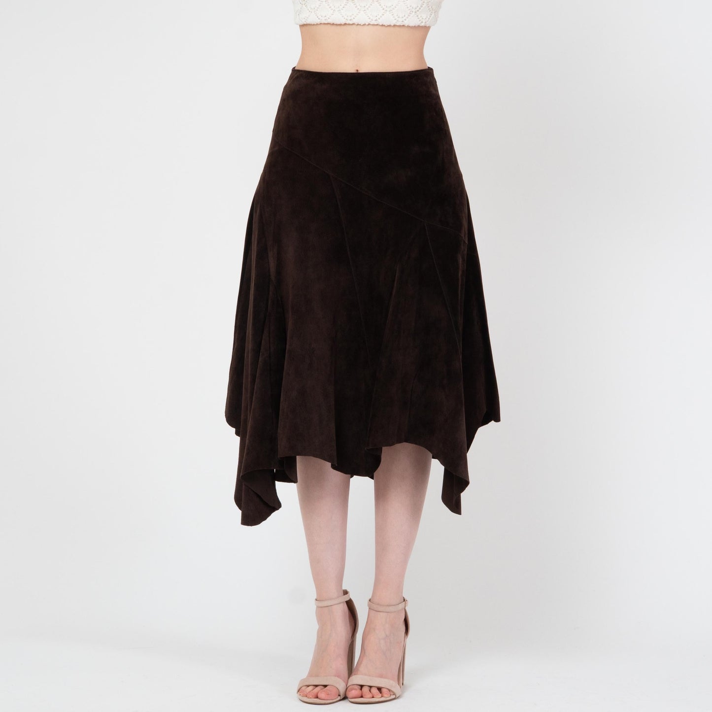 Vintage Y2K Espresso Suede Fairy Midi Skirt - Extra Small | Boho Scarf Hem Leather Skirt