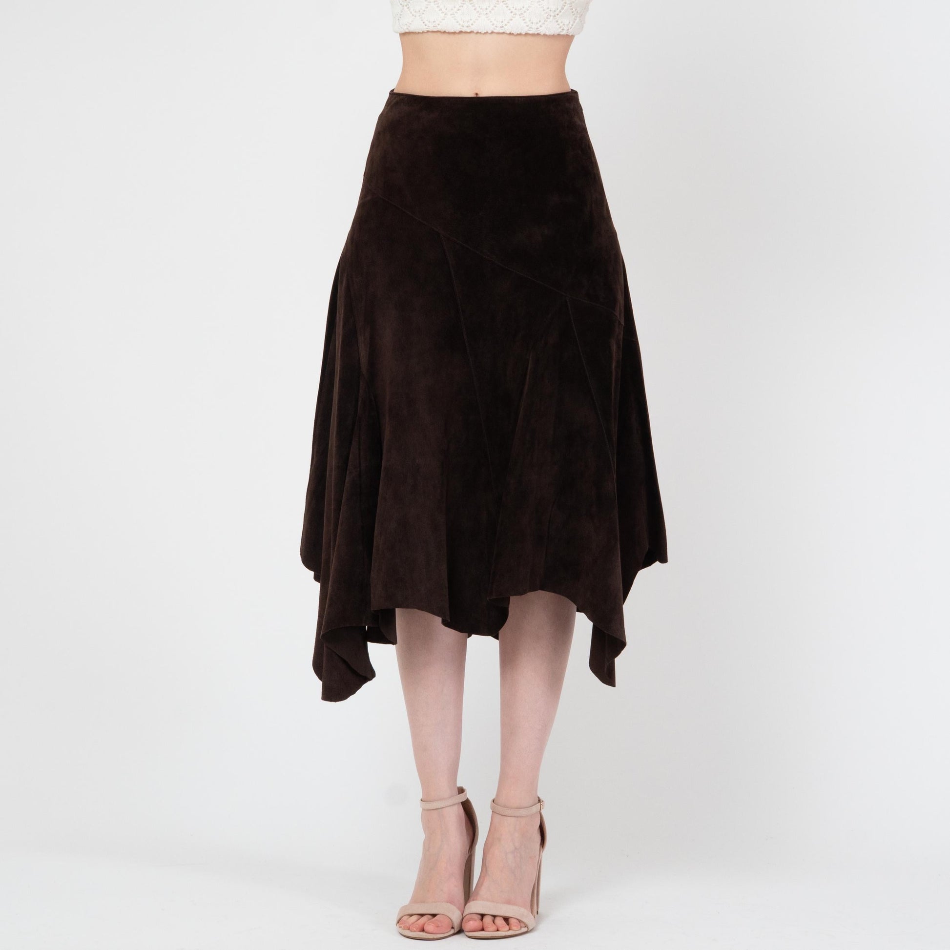 Vintage Y2K Espresso Suede Fairy Midi Skirt - Extra Small | Boho Scarf Hem Leather Skirt