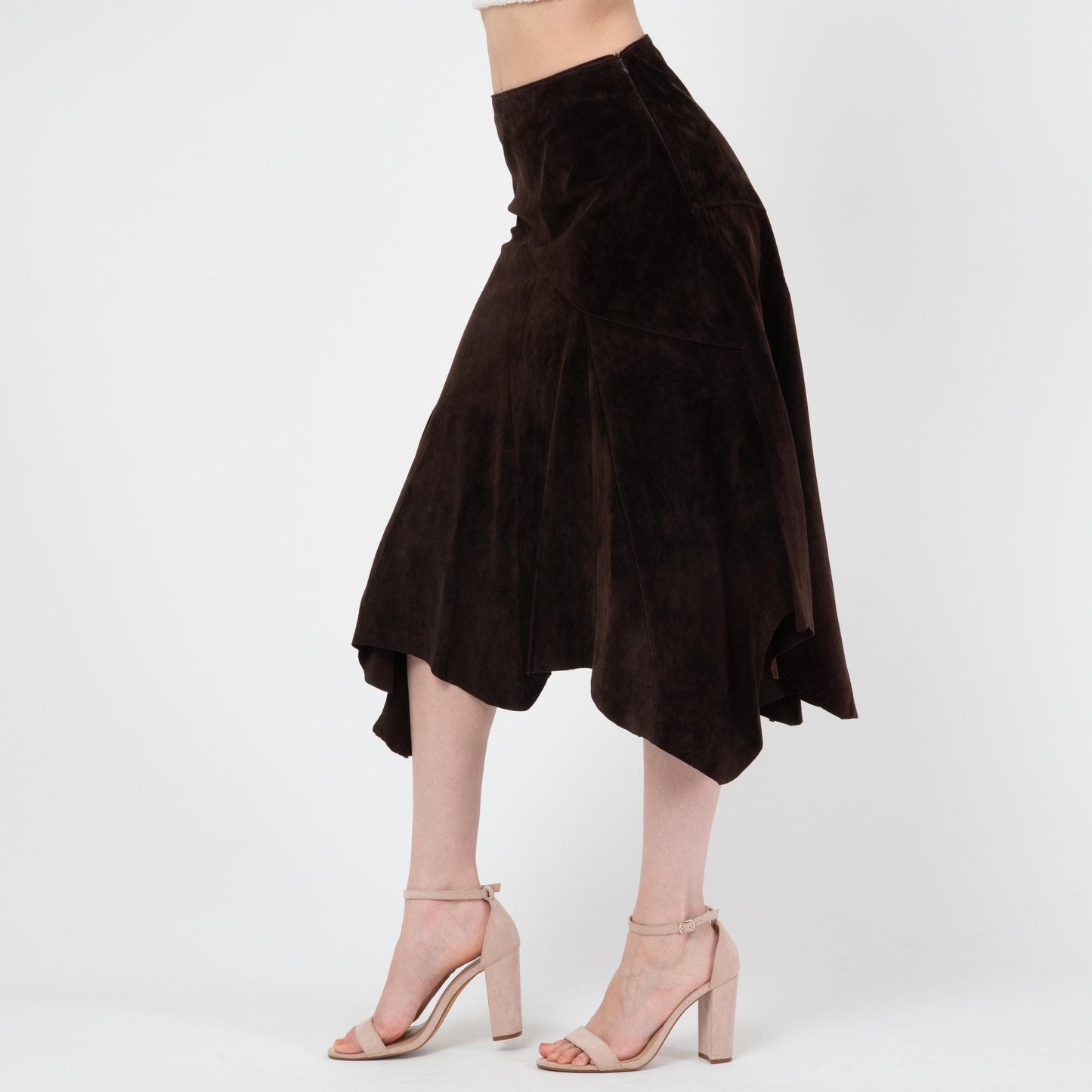 Vintage Y2K Espresso Suede Fairy Midi Skirt - Extra Small | Boho Scarf Hem Leather Skirt