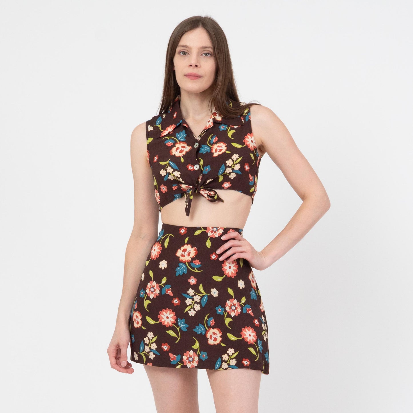 Vintage 90s Brown Floral Crop Top & Mini Skirt Set - Small to Medium | Boho Matching Two Piece Outfit