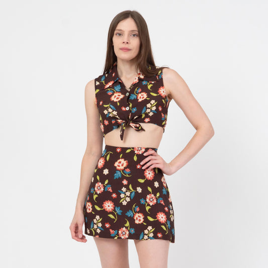 Vintage 90s Brown Floral Crop Top & Mini Skirt Set - Small to Medium | Boho Matching Two Piece Outfit