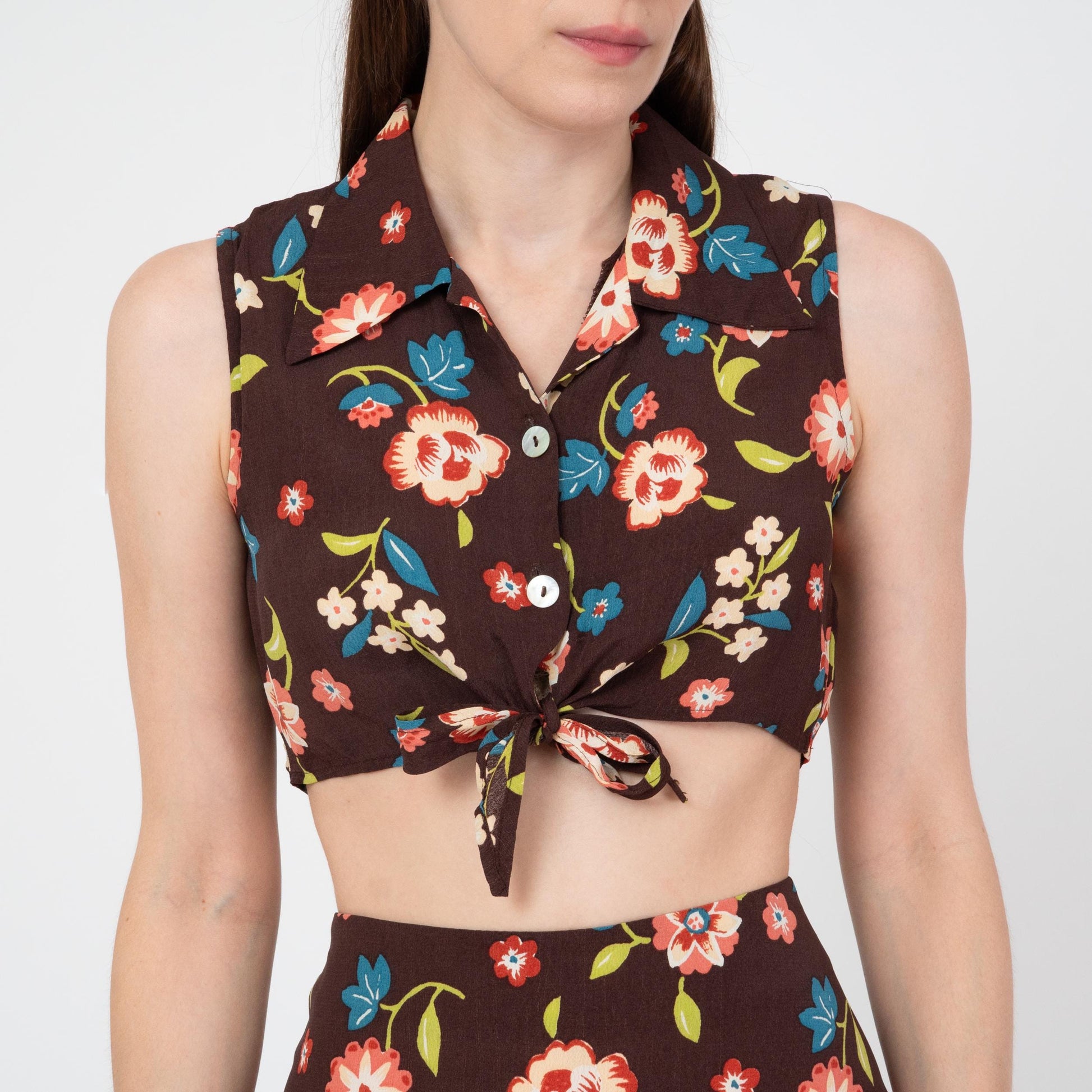 Vintage 90s Brown Floral Crop Top & Mini Skirt Set - Small to Medium | Boho Matching Two Piece Outfit