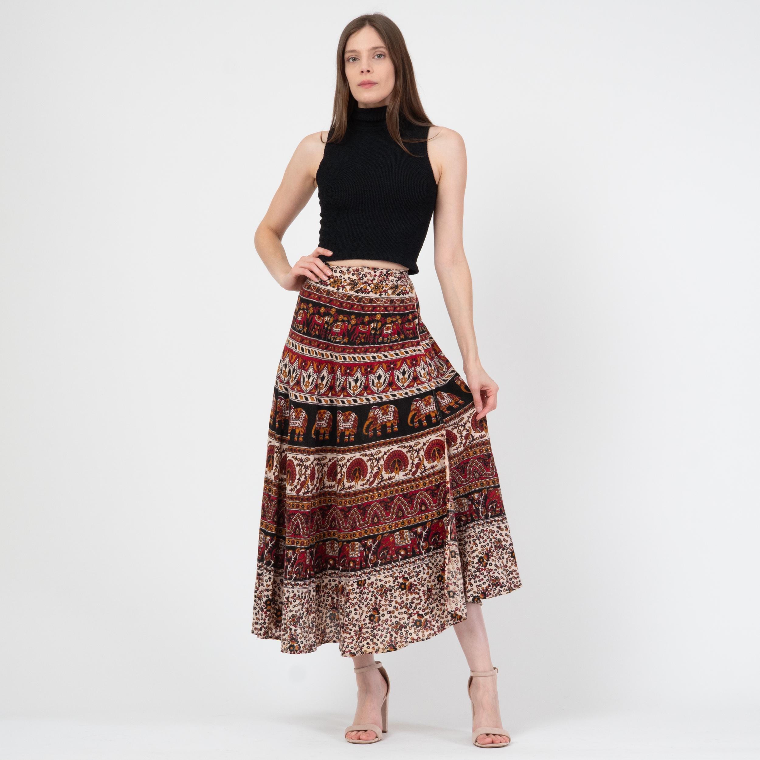 Vintage 90s Indian Block Print Maxi Wrap Skirt - XS to Small