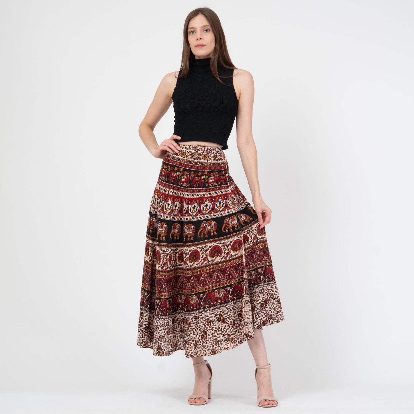 Vintage 90s Indian Block Print Maxi Wrap Skirt - XS to Small | Boho Batik Cotton Elephant Print Hippie Skirt