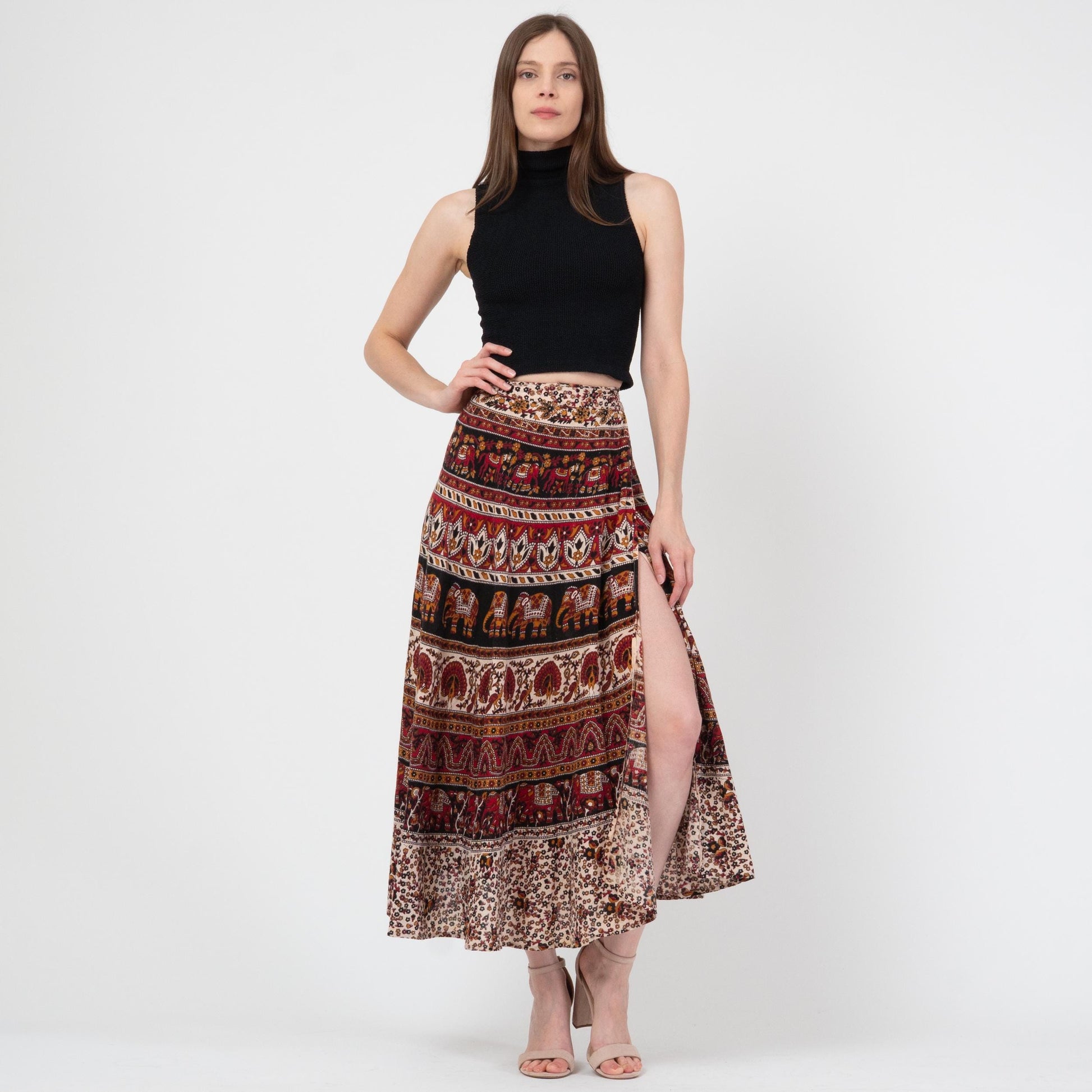 Vintage 90s Indian Block Print Maxi Wrap Skirt - XS to Small | Boho Batik Cotton Elephant Print Hippie Skirt