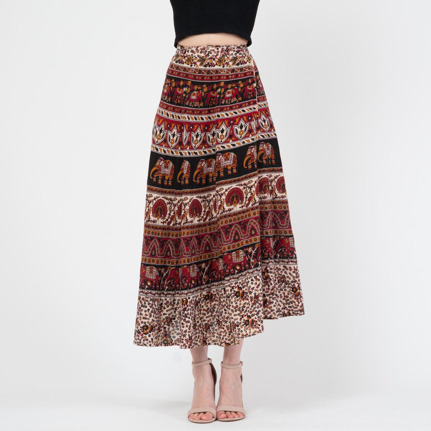 Vintage 90s Indian Block Print Maxi Wrap Skirt - XS to Small | Boho Batik Cotton Elephant Print Hippie Skirt