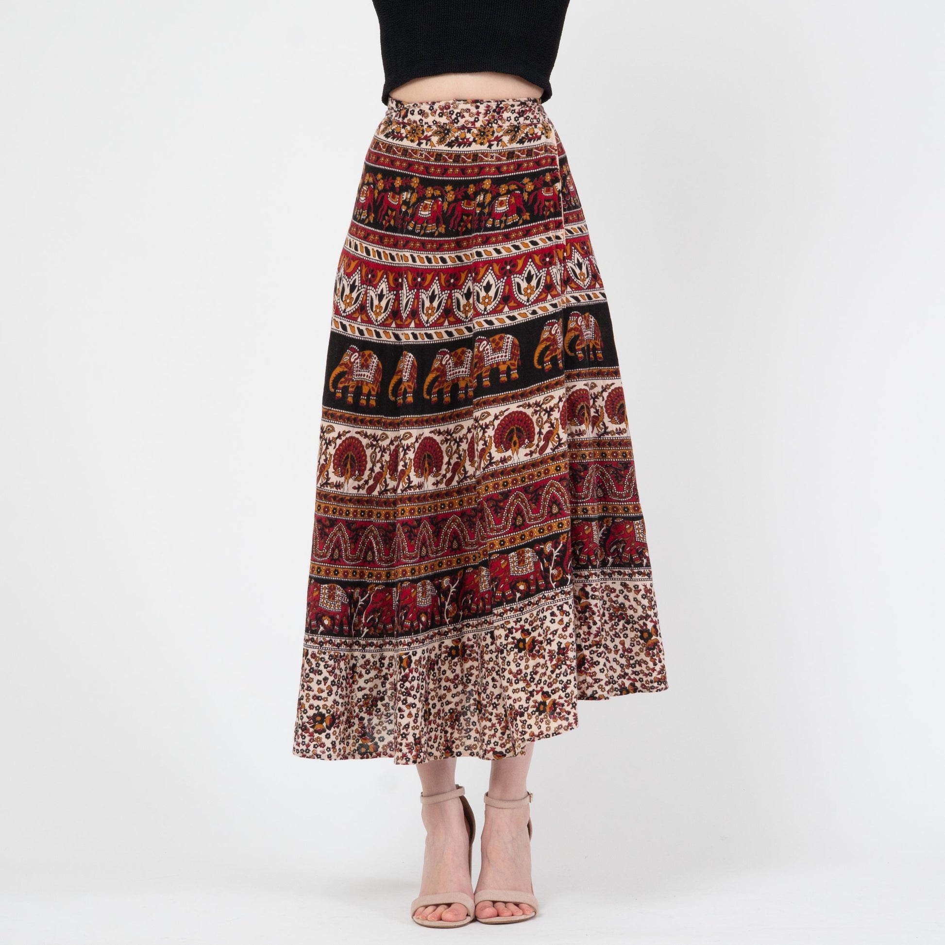 Vintage 90s Indian Block Print Maxi Wrap Skirt - XS to Small | Boho Batik Cotton Elephant Print Hippie Skirt
