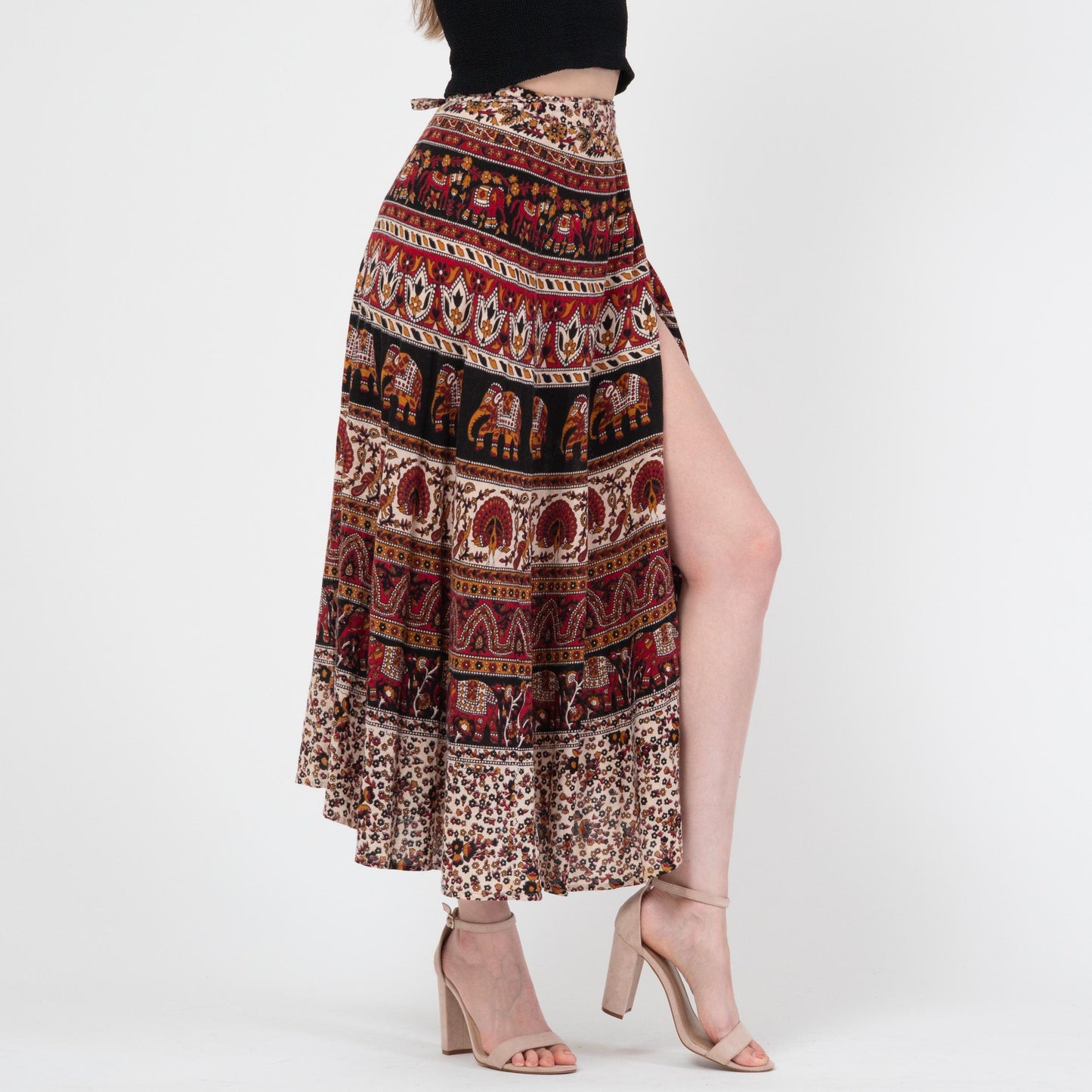 Vintage 90s Indian Block Print Maxi Wrap Skirt - XS to Small | Boho Batik Cotton Elephant Print Hippie Skirt