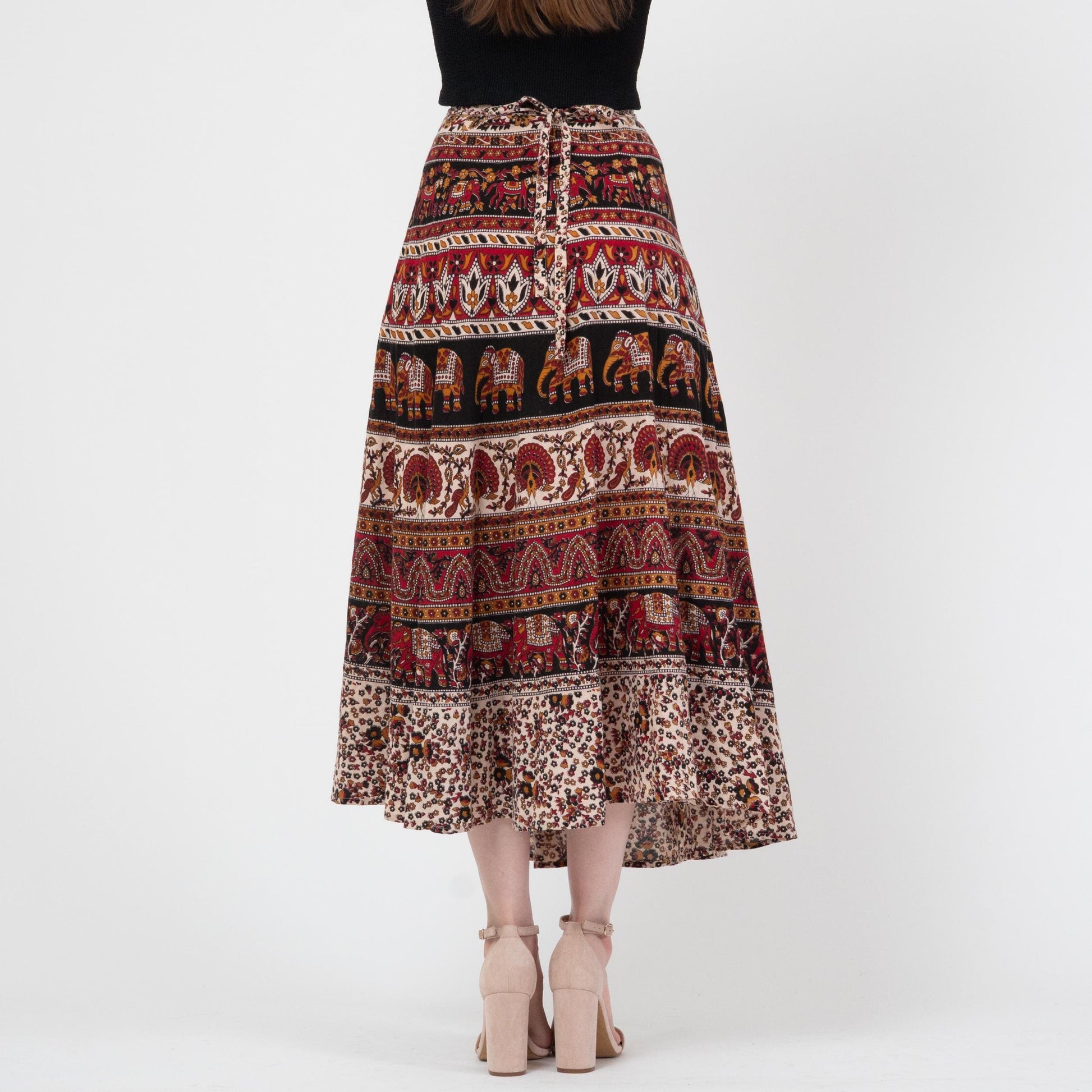 Vintage 90s Indian Block Print Maxi Wrap Skirt - XS to Small | Boho Batik Cotton Elephant Print Hippie Skirt