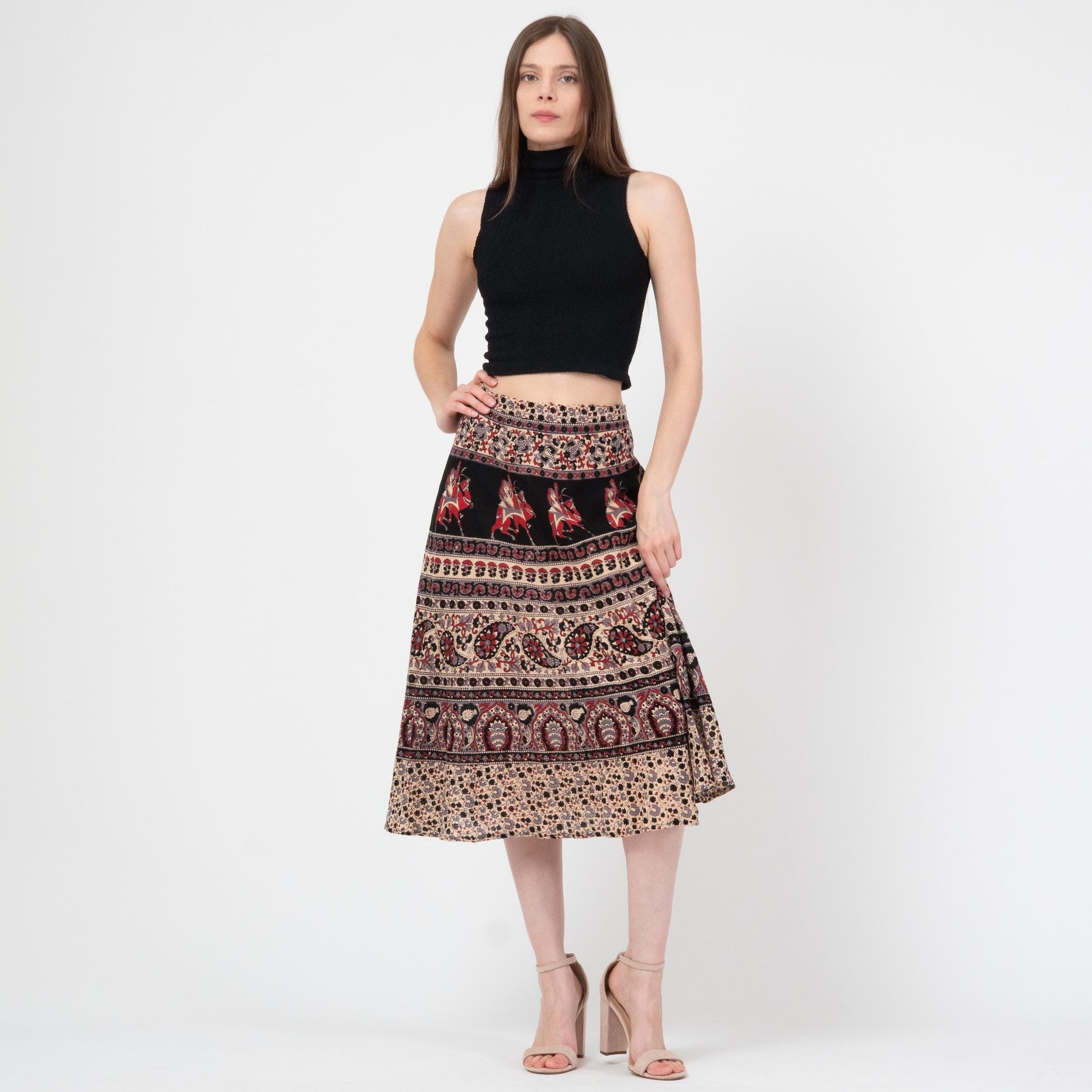 Vintage 70s Indian Block Print Midi Skirt - Small | Boho Batik Elephant Print Hippie Skirt