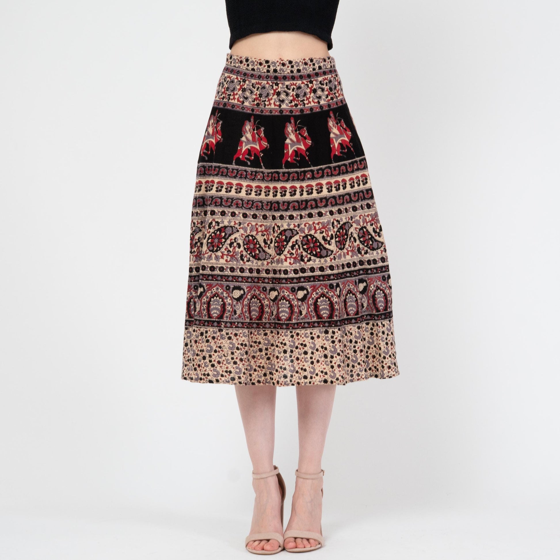 Vintage 70s Indian Block Print Midi Skirt - Small | Boho Batik Elephant Print Hippie Skirt