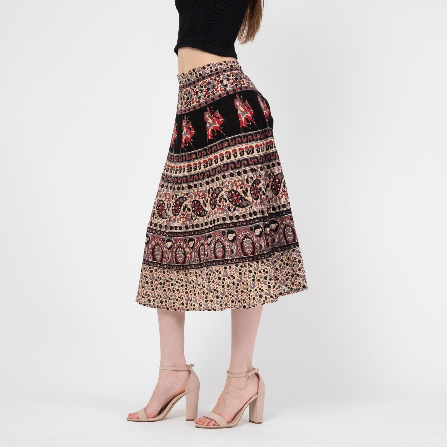 Vintage 70s Indian Block Print Midi Skirt - Small | Boho Batik Elephant Print Hippie Skirt