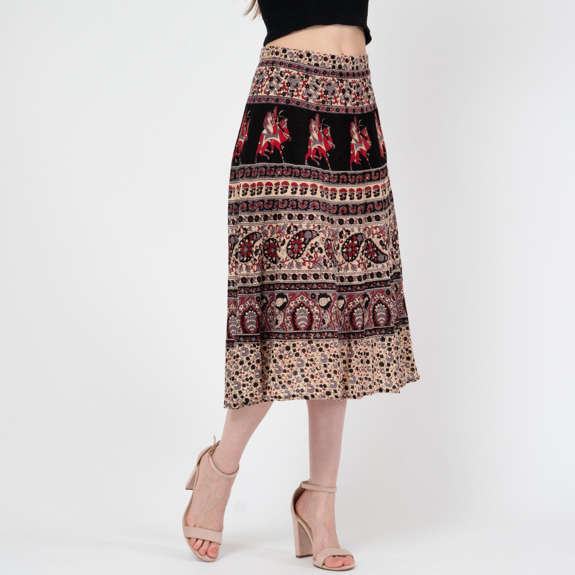 Vintage 70s Indian Block Print Midi Skirt - Small | Boho Batik Elephant Print Hippie Skirt